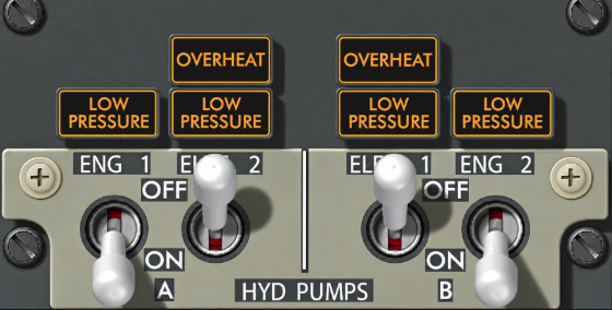 Boeing 737 hydraulic pump panel with engine and electric pump switches and caution lights
